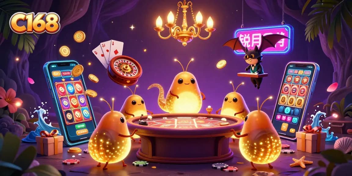 C168 illuminates a vibrant cave casino scene filled with glowing glowworms and energetic gaming elements.