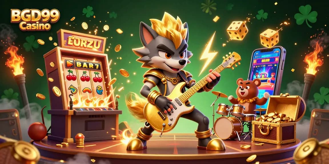 Exciting moment at BGD99 Casino where a rockstar wolf plays guitar while jackpot coins explode around lively characters.