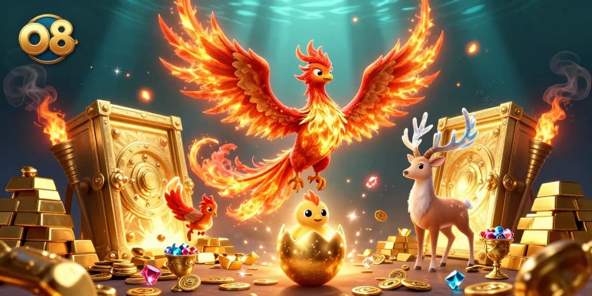 Experience thrilling wins at o8 with dynamic visuals of a vibrant casino scene and magical creatures.