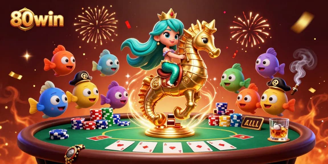 Experience the thrill of 80win with a vibrant 3D illustration of casino adventures and ocean magic.