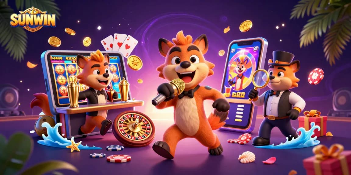 SUNWIN comedians performing live with colorful slots and casino elements in a vibrant environment