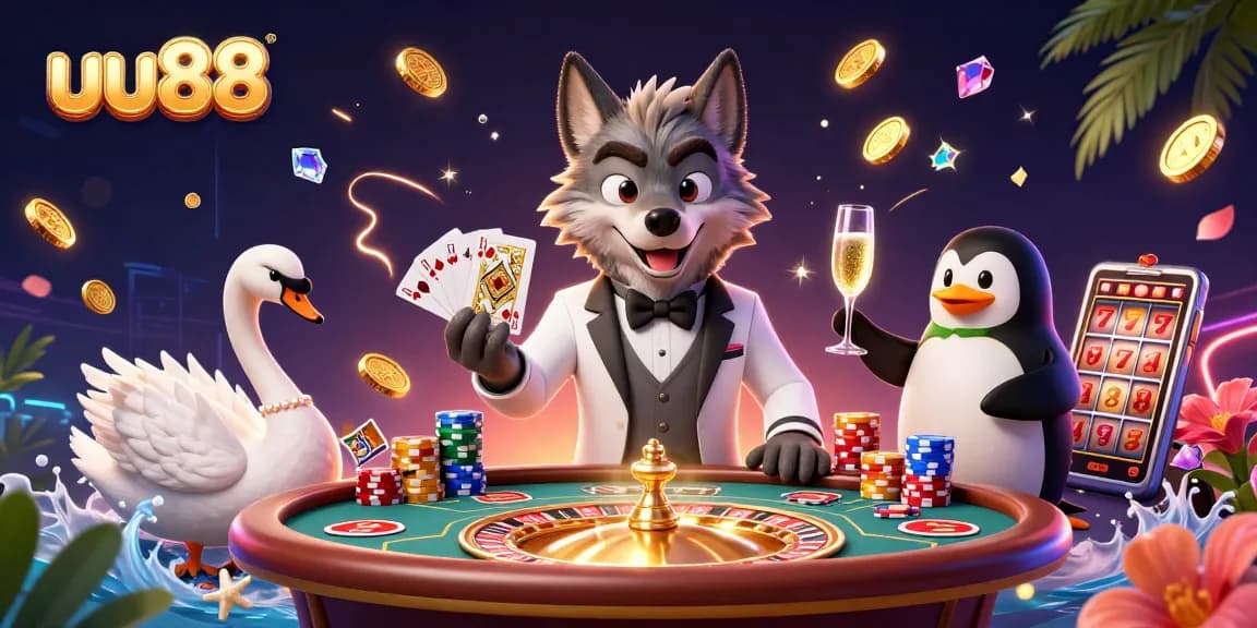 Experience thrilling action at uu88 with a debonair wolf and an elegant swan in a lively casino scene.