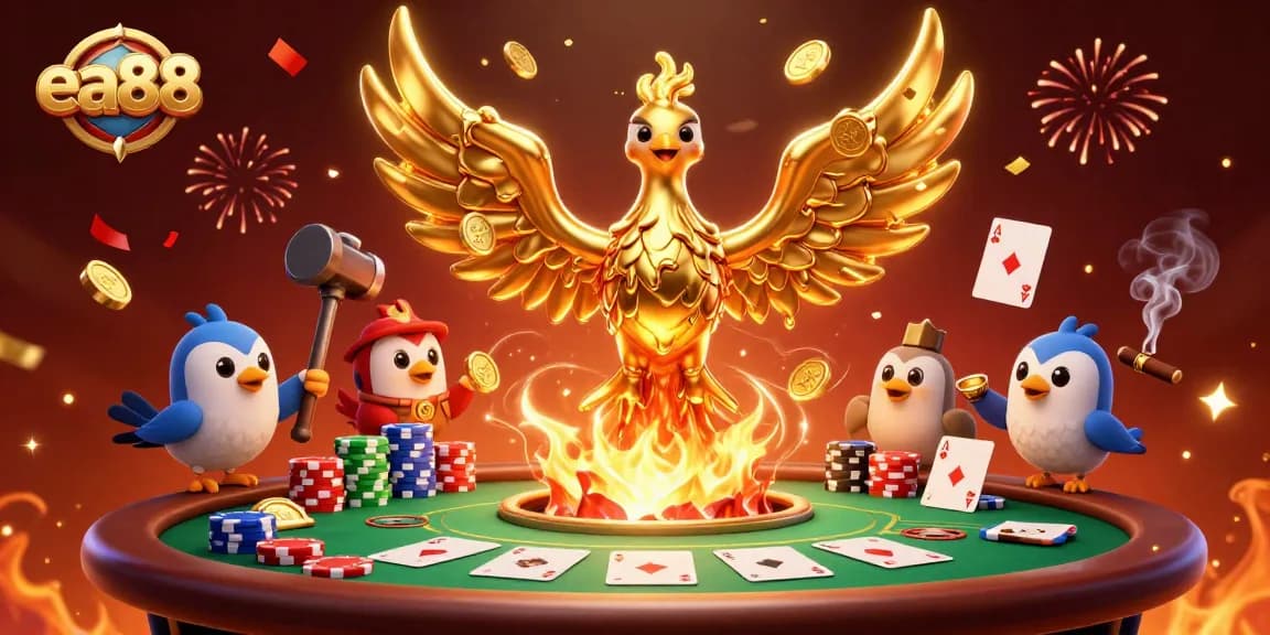 Play poker with the 3D ea88 golden phoenix and molten coin effect amid vibrant celebration.