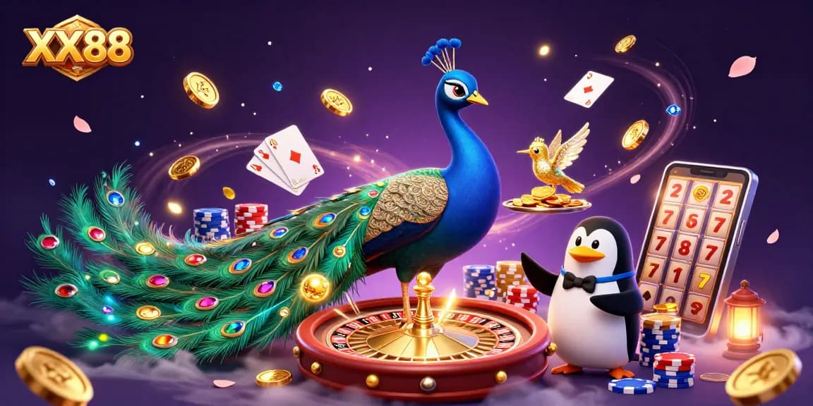 Engage with thrilling games at XX 88, featuring vibrant casino elements, lively characters, and rich illustrations.