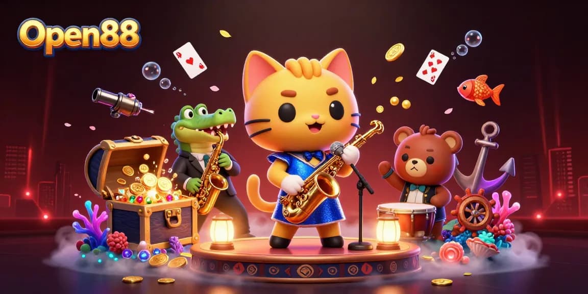 Join the exciting casino vibes with Open88 as characters celebrate amidst vibrant gaming elements.