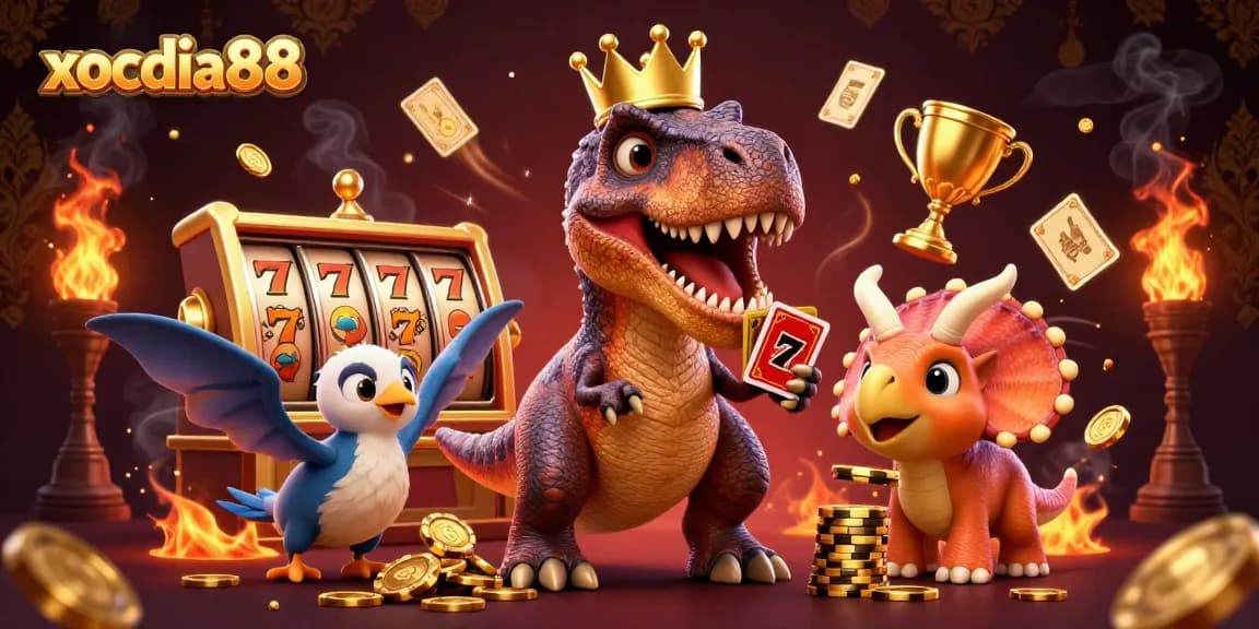 xocdia88 creates an engaging scene featuring a T-Rex and friends stacking chips and slot symbols