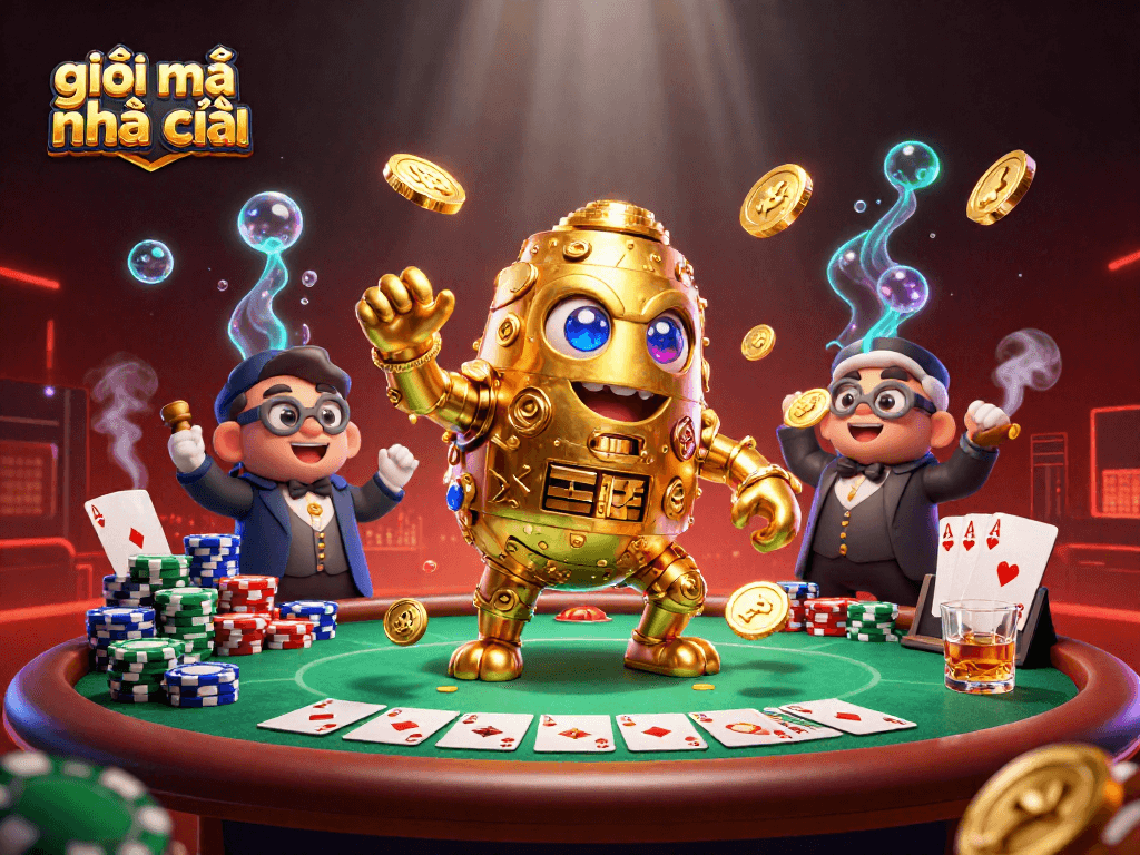 Engage with giải mã nhà cái through this vibrant 3D illustration of a golden golem and poker elements.