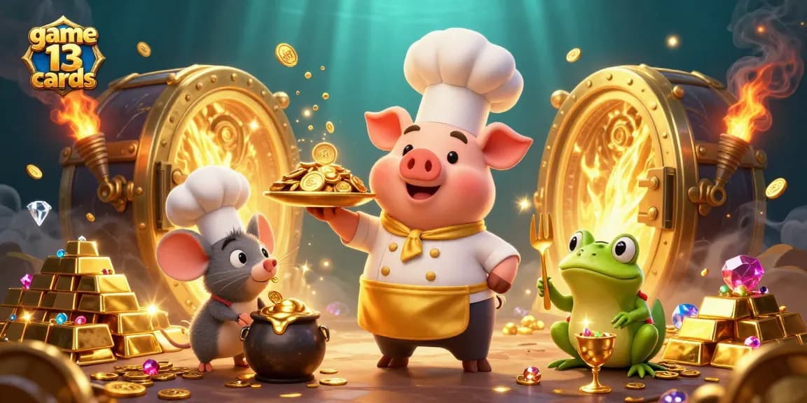 Engage in the thrilling game 13 cards as a chef pig serves gold coins in a vibrant casino scene.