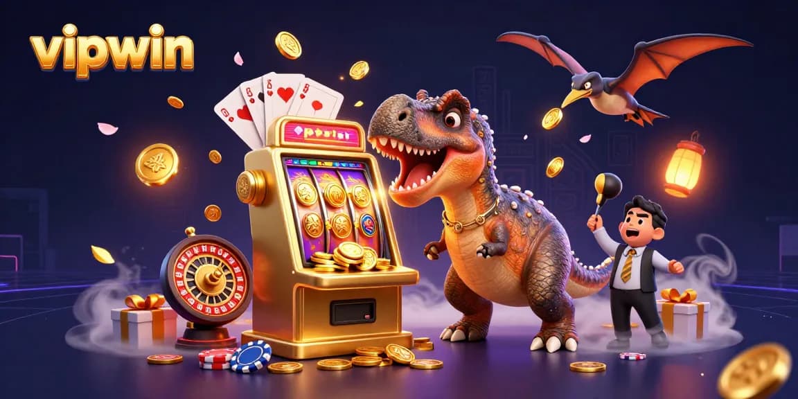 Experience thrilling gaming action at vipwin with cartoon dinosaurs and jackpot excitement.