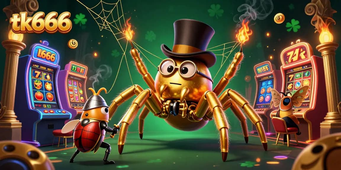 Engage with the exciting games at tk666 featuring a golden tarantula and beetle knight in a vibrant casino.