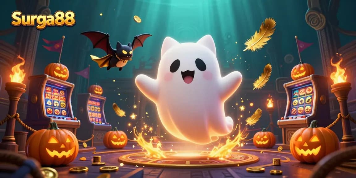 Engage with the thrilling Surga88 experience in this vibrant haunted casino scene.