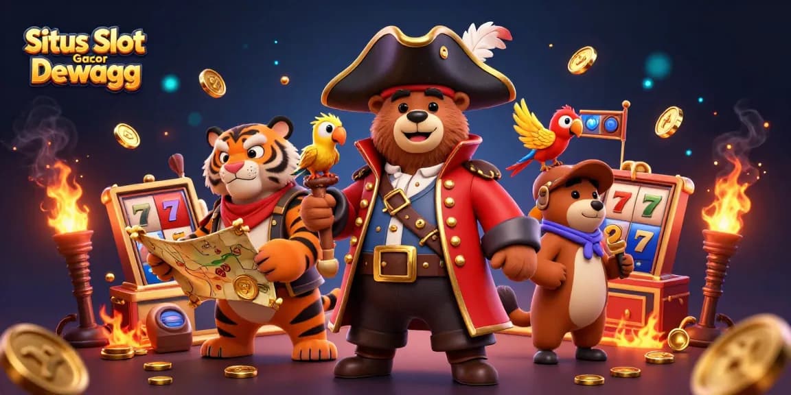 Situs Slot Gacor Dewagg showcases a thrilling jackpot scene with a charismatic bear captain and lively elements.
