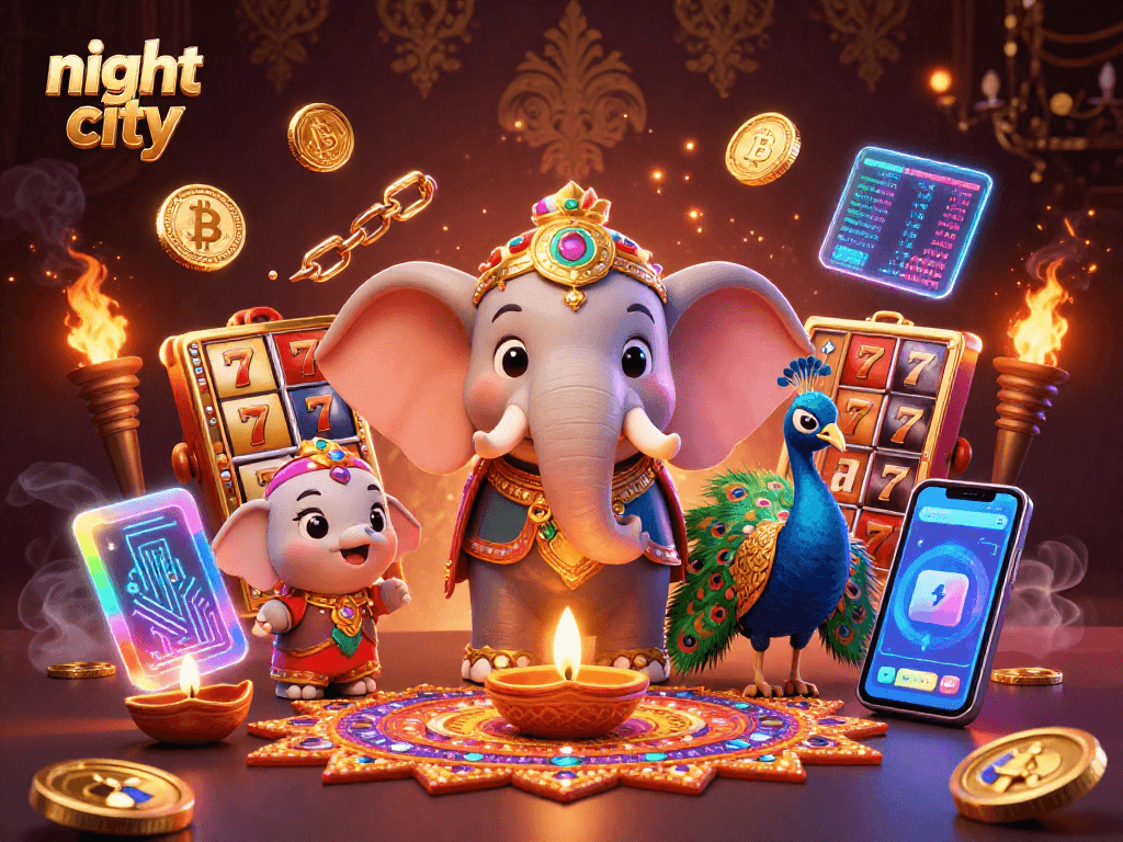 Engage in night city gaming with vibrant characters, slot elements, and crypto coins.