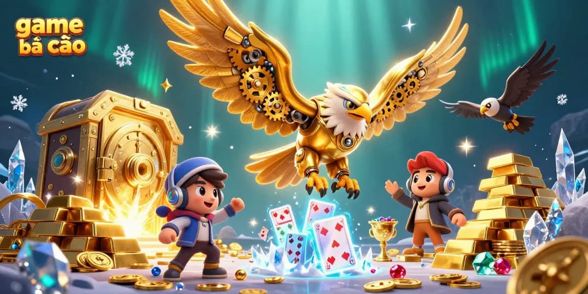 Experience game bài cào with a dynamic illustration of a golden eagle amidst cascading playing cards and treasure