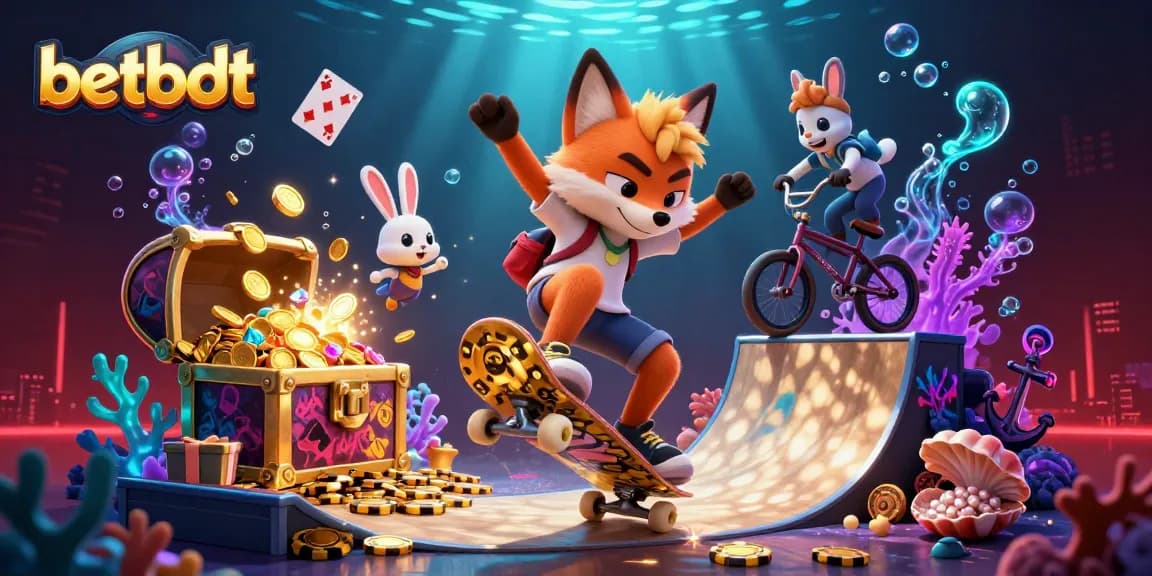 Experience thrilling moments at betbdt with a skateboarder fox and BMX rabbit in a vibrant casino scene.