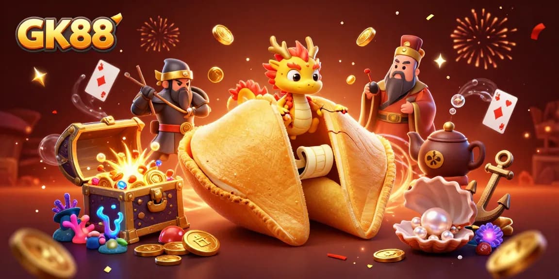 Experience the thrill of GK88's gaming quests with a golden fortune cookie, wisdom, and treasure elements.