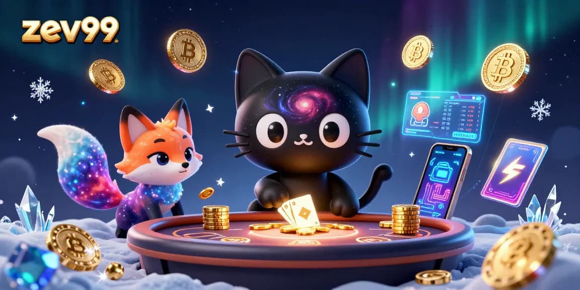 Experience the captivating world of zev99 as a cosmic cat draws in glowing chips and cards.