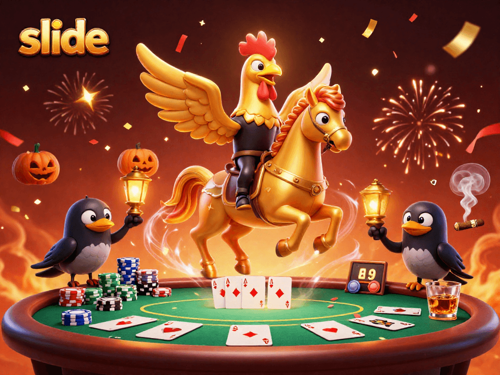 Engage in slide action while watching a golden rooster navigate a lively casino scene filled with poker elements.