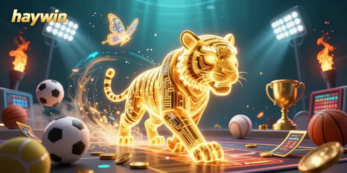 Experience the thrill of haywin as a golden tiger explores a dynamic digital casino surrounded by engaging game elements.