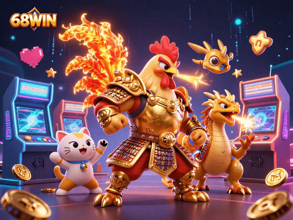 Engage in the vibrant world of gaming with 68WIN's dynamic 3D rooster warrior and dragon scene.