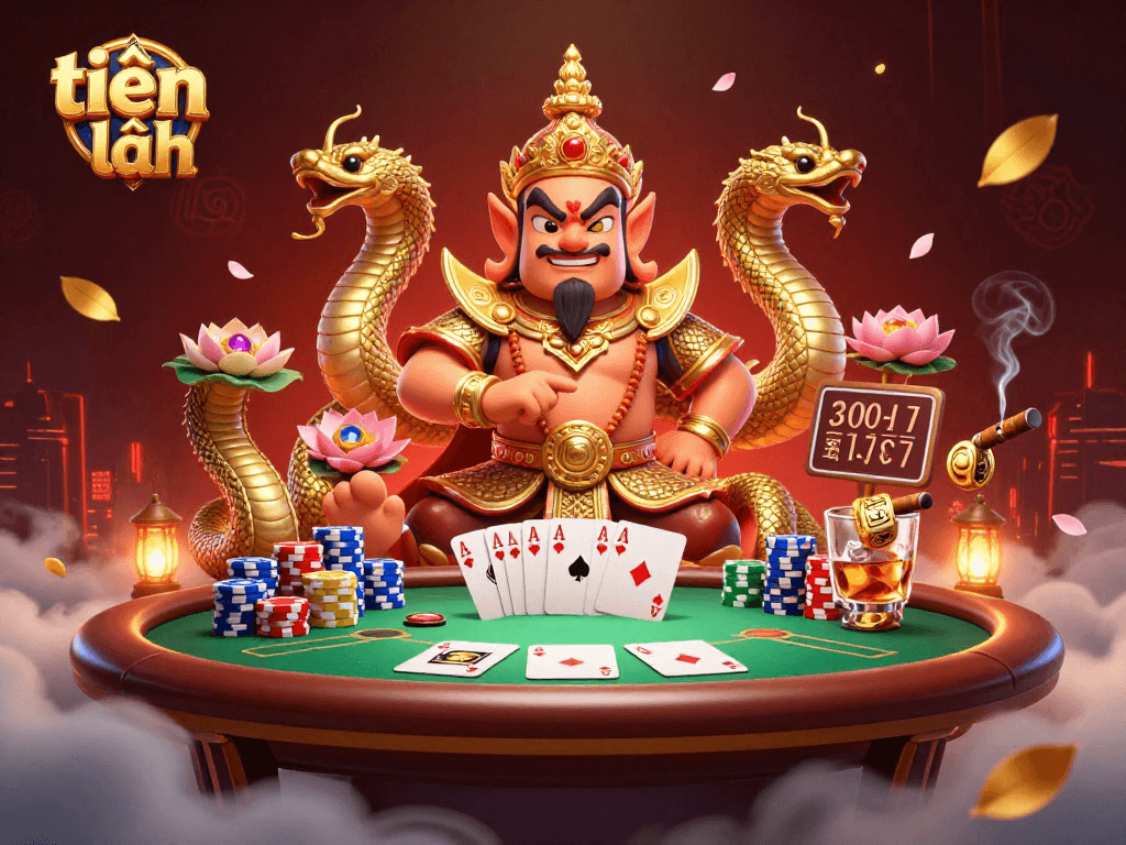 Play tiến lên at vibrant casino scene featuring a Thai guardian with poker elements and excitement