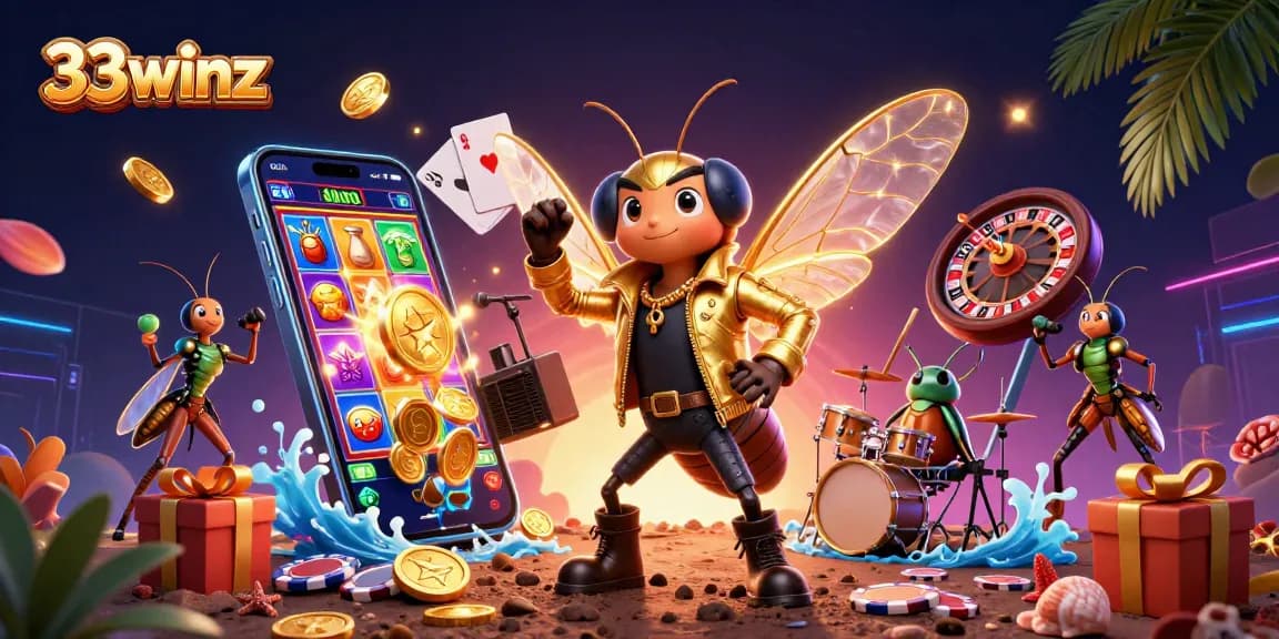 Experience the thrill of 33winz with a vibrant casino scene featuring a cicada rock star.