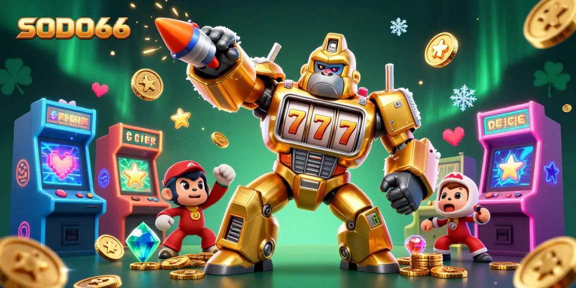 SODO66 showcases a dynamic gaming scene featuring a golden mech and vibrant arcade machines, perfect for gamers.