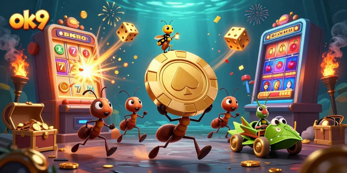 Experience excitement with ok9 as ants steal a giant poker chip amid a vibrant casino heist theme.