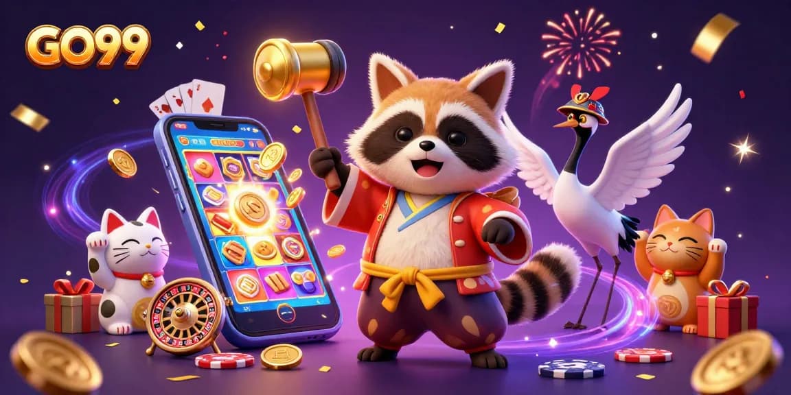 Join the celebration with GO99 featuring cheerful tanuki and festive elements in an exciting casino scene.
