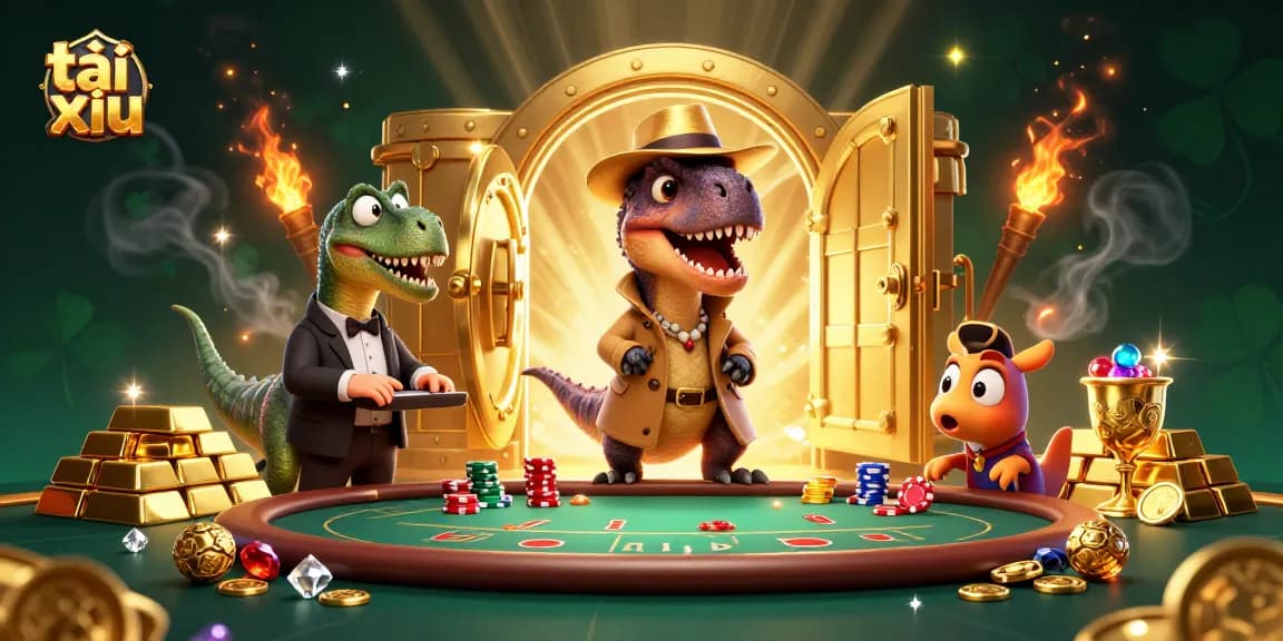 Tài xỉu excitement with a velociraptor card counter at a casino table surrounded by treasures