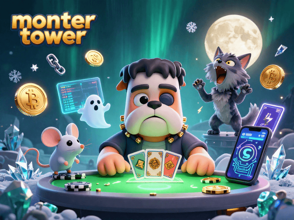 Participate in 3D monster tower gaming with a cartoon bulldog dealer at a lively table.