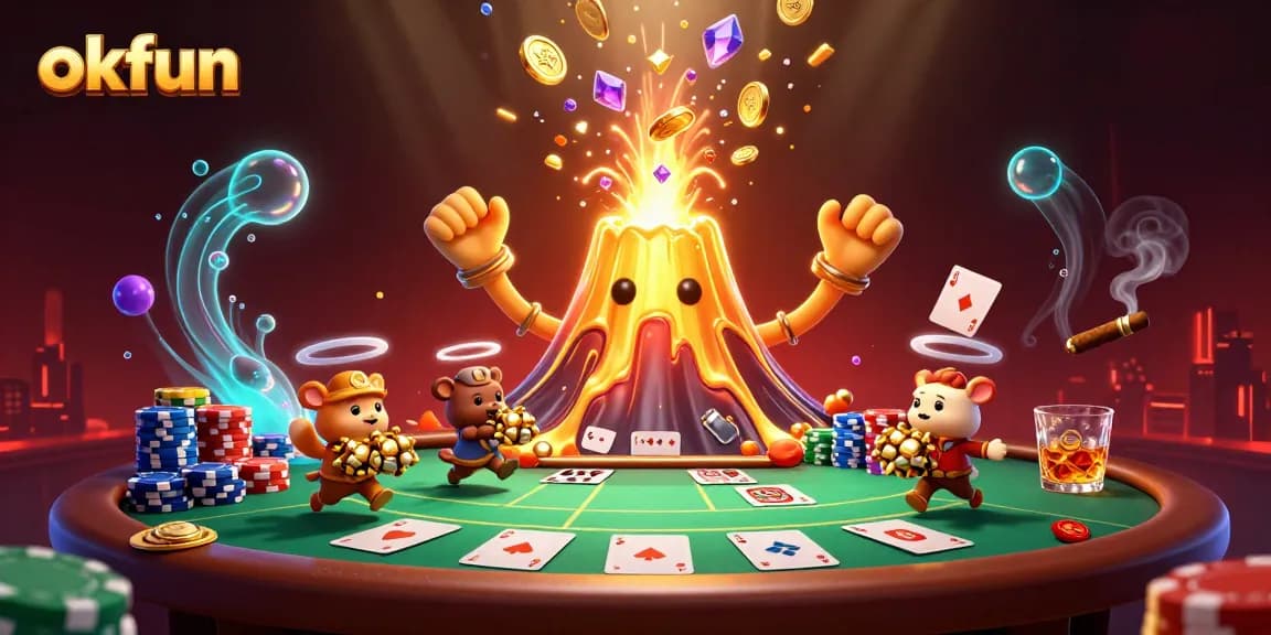 Engage in thrilling casino action with okfun at this vibrant 3D illustration showcasing poker excitement.