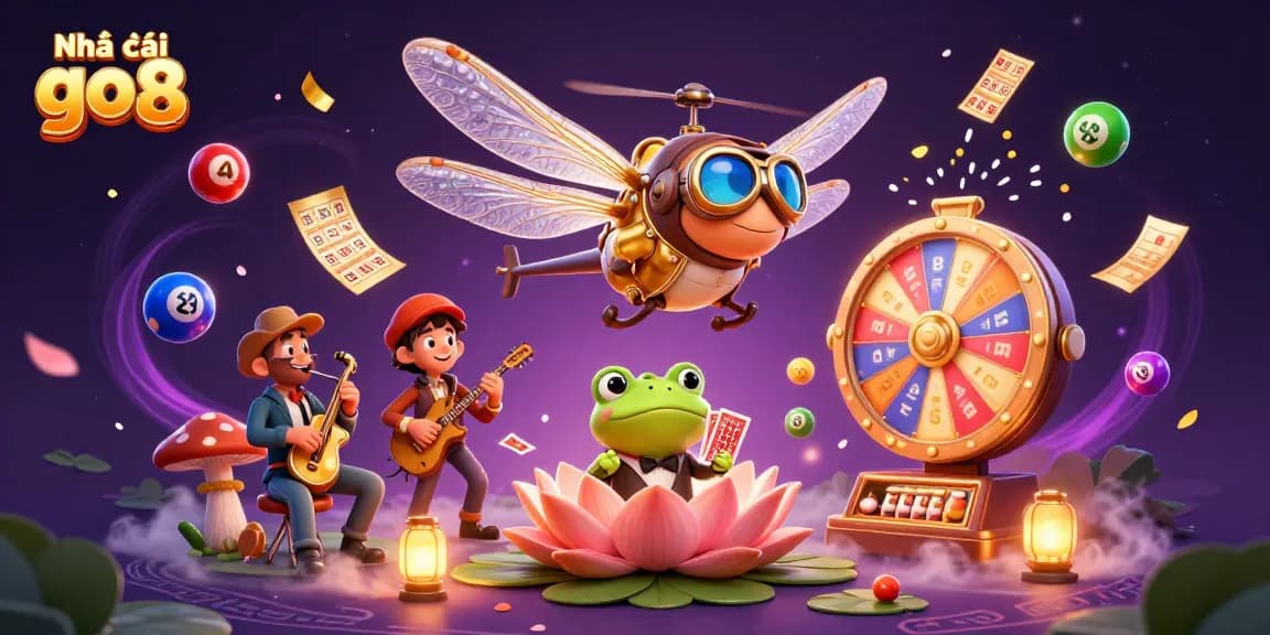 Experience the thrill at Nhà cái go8 with an energetic casino scene featuring a dragonfly pilot and vibrant game elements.