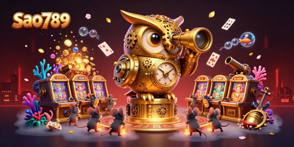 Experience exciting games at sao789, featuring a golden owl overseeing vibrant casino activities with floating playing cards.