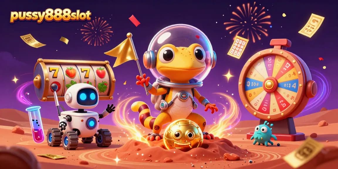Play exciting slot games with pussy888slot in an animated casino adventure scene.