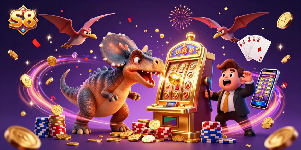 S8 features a pachycephalosaurus activating a golden slot machine, coins flying amidst a vibrant casino scene.