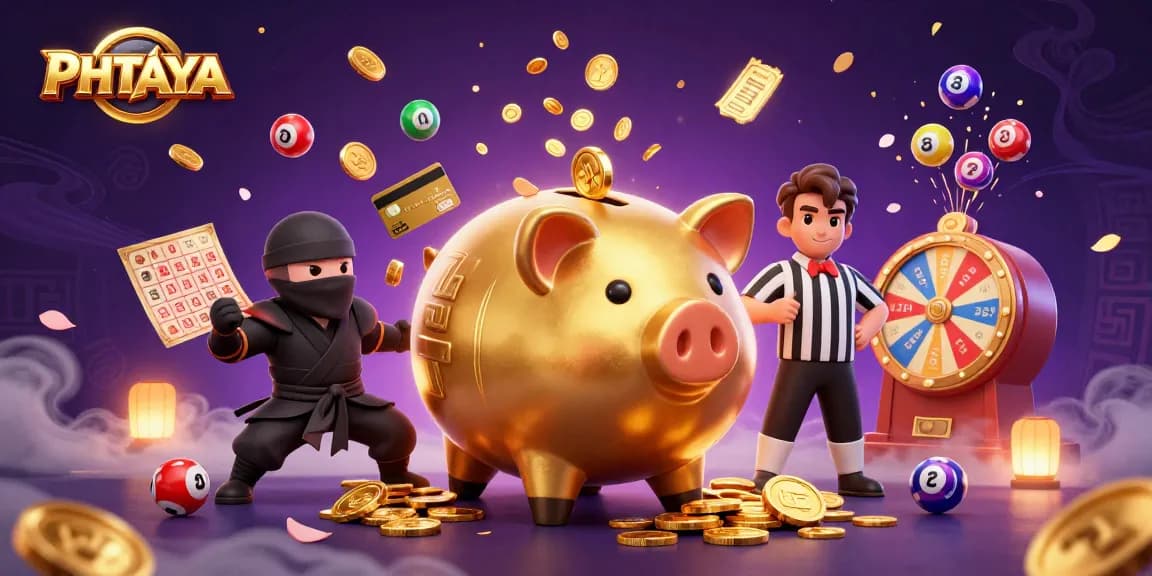 PHTAYA features a golden piggy bank sumo wrestler shaking coins, showcasing vibrant lottery elements in a lively casino scene.