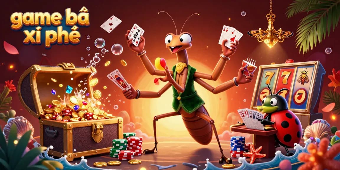 Engage in thrilling game bài xì phé with a vibrant, action-packed casino scene featuring unique characters.