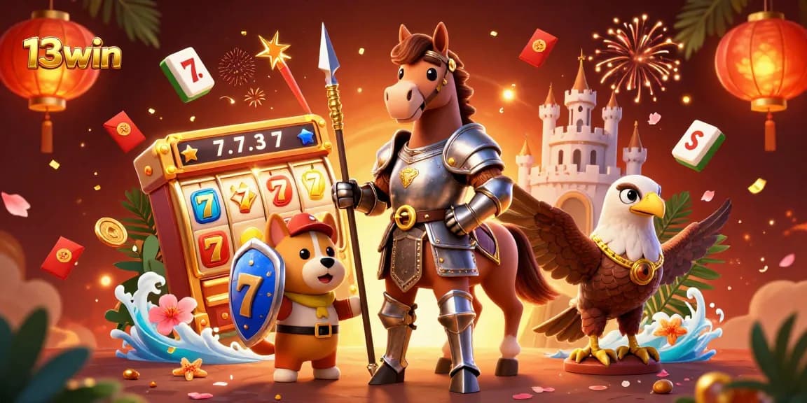 Experience thrilling wins with 13win in this vibrant, action-packed casino illustration.