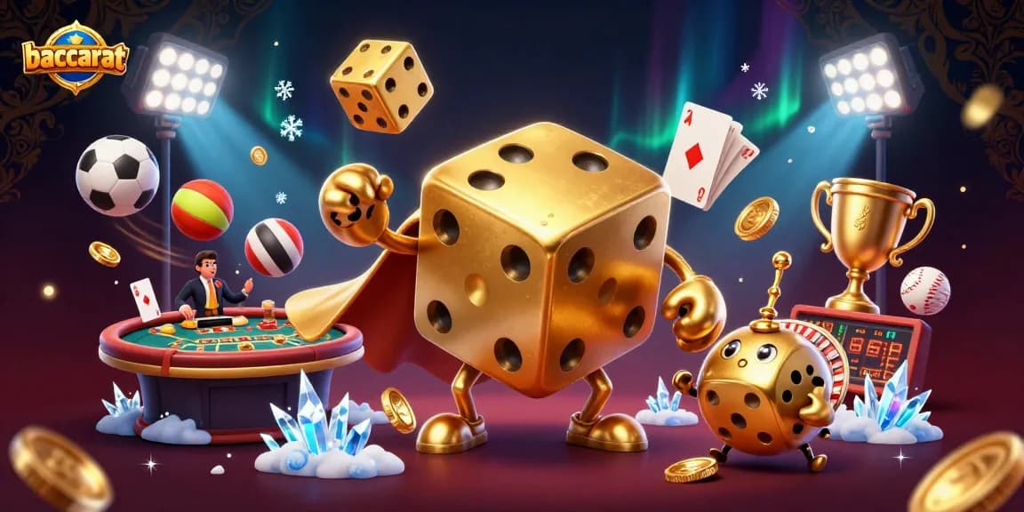 Baccarat game features come alive with a golden dice golem and casino excitement.