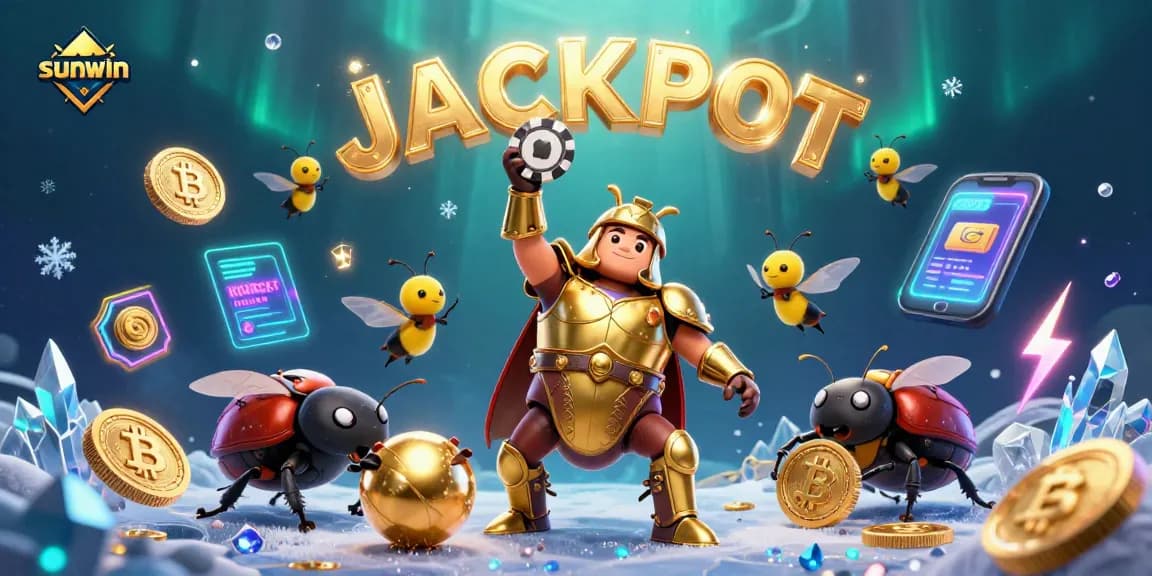 Win big with sunwin as a cartoon beetle celebrates victory, surrounded by vibrant casino elements.