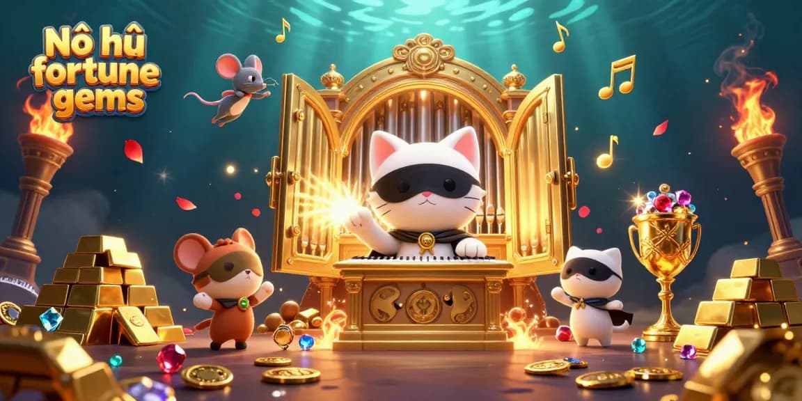 Engage in Nổ hũ fortune gems with dynamic slots, gold treasures, and dazzling acrobatics in an opulent casino scene.