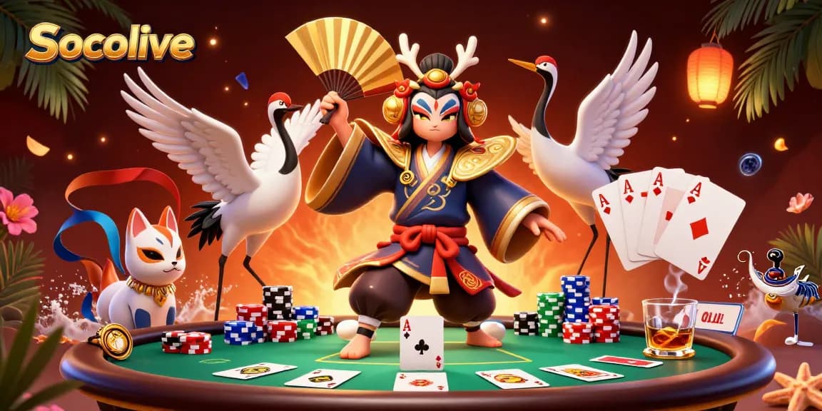 Socolive entertains with dynamic poker action featuring kabuki warriors and vibrant elements.