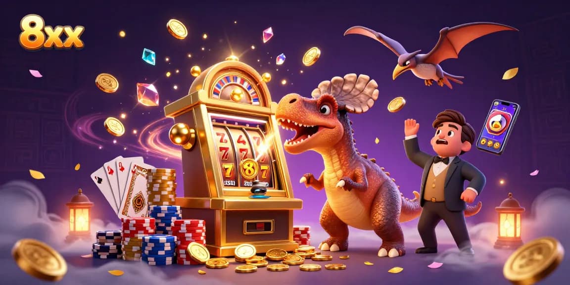 Experience thrills with 8xx as a dinosaur strikes the jackpot in a dynamic casino scene.