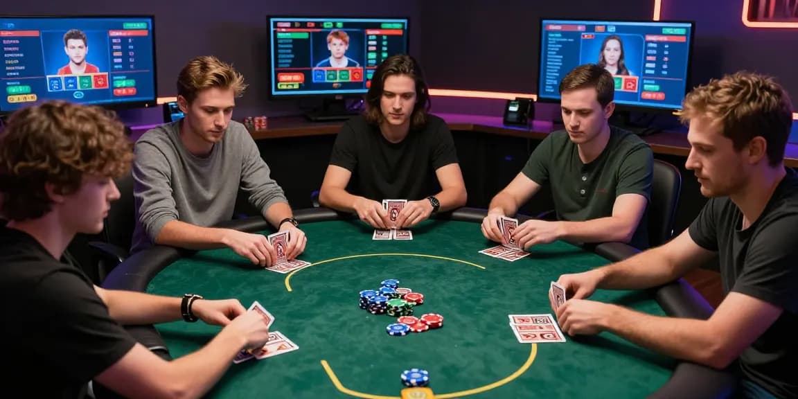 Engaged players at a digital table during Login Domino88 online poker session, showcasing vibrant gaming interface and competitive atmosphere.
