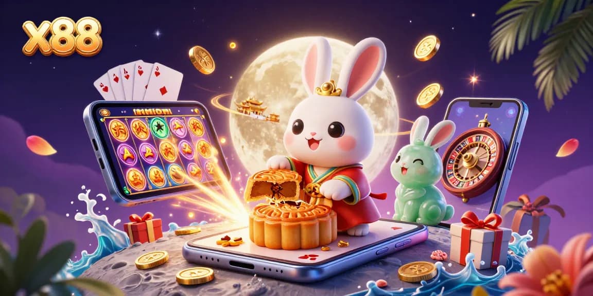 x88 delivers thrilling casino experiences with a vivid scene of moon rabbits revealing poker chips.