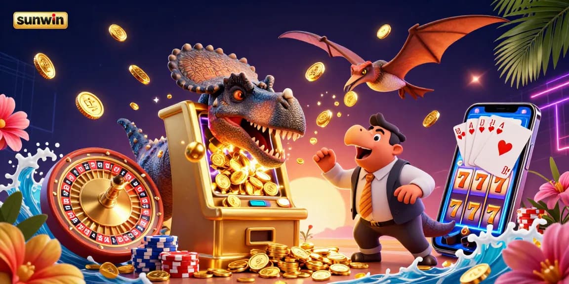 Experience the excitement of sunwin with a 3D illustration of winning jackpots and casino thrills.
