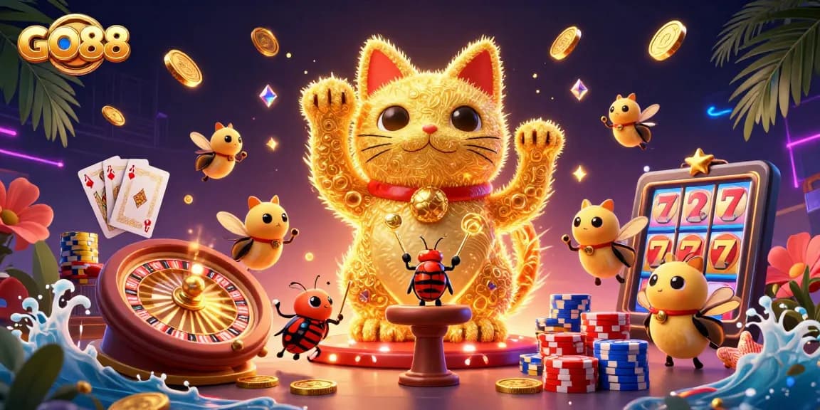 Experience GO88 with a vibrant scene of joyful gaming elements celebrating casino thrills.