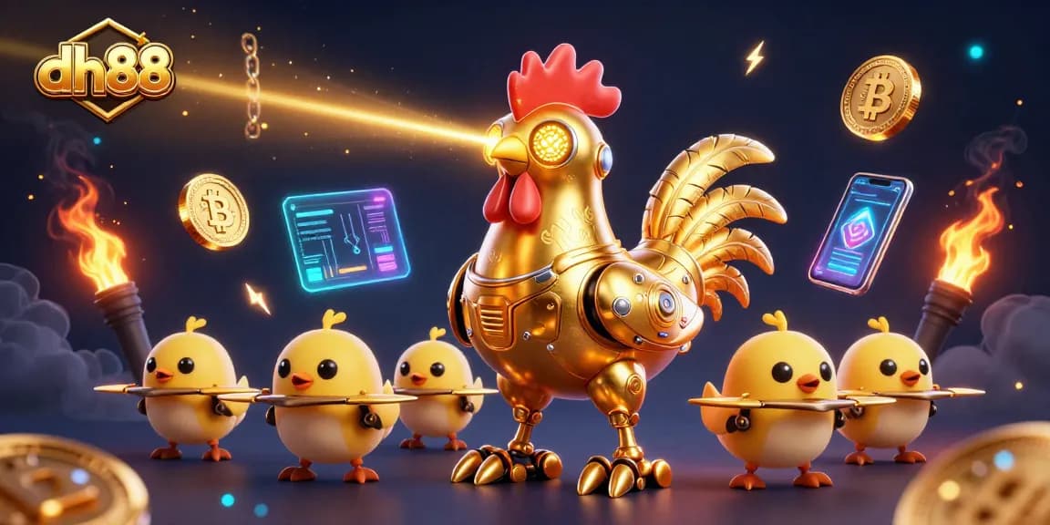Experience thrilling bets with dh88's golden rooster robot amidst vibrant crypto elements.