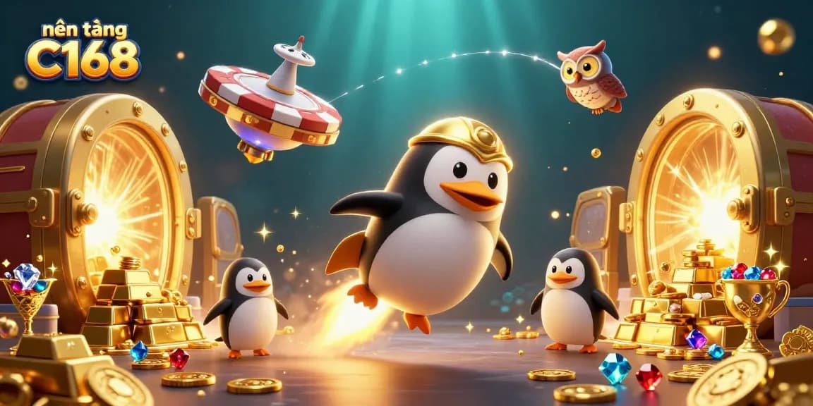 Experience the excitement of nền tảng C168 with a golden penguin launching on a casino adventure!